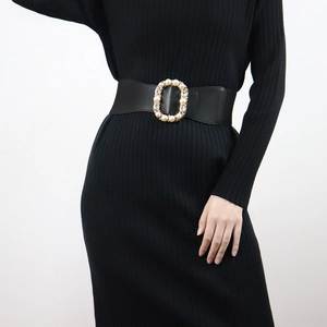 Women Elastic Wide Belt Waist Seal Elegant Rhinestone Artificial Pearl Buckle PU Leather Decorative Waistband For Autumn Dress