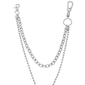 Silver punk style double-layer waist chain with metal beads and lobster clasps on white back