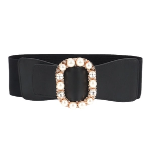 Elastic wide belt with luxurious rhinestone and pearl buckle for autumn coat styling