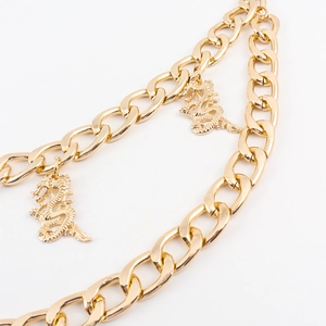 Double-layered golden metal chain waist belt featuring Chinese style dragon totem pendants