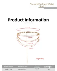Size chart for triple-layered pearl waist chain belt with 113cm total length and weight details