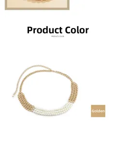 Detail view of multi-layer white pearls and golden metal chain for dress decoration