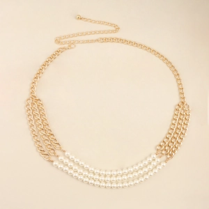 Three-layer pearl and gold chain waist belt for dresses with adjustable lobster clasp