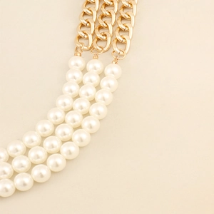 Three-layer faux pearl and gold metal chain belt accessory for women's dresses