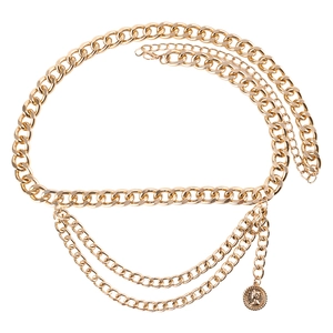 Golden multi-layer metal chain belt with vintage coin pendant for dresses and pants