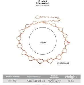 Chaîne de taille en métal doré rose avec cœurs évidés et longueur réglable de 105 cm