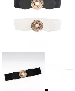 Détail d'une ceinture élastique avec boucle en métal tressé et perle centrale ronde