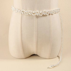 Elegant Faux Artificial Pearl Woven Waist Chain Belt With Rhinestone Bowknot Star Buckle Decorative Dress Belt For Women Party Accessory
