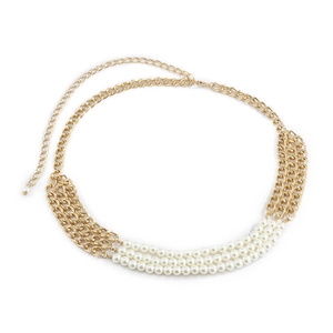 Three-layer pearl and gold metal chain belt for dresses with adjustable lobster clasp