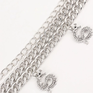 Punk style silver double-layered waist chain featuring sparkling dragon pendants