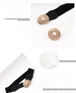 Détail de la boucle en métal ajouré avec perle sur une ceinture large élastique femme