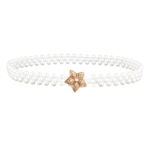 Elegant woven pearl belt with a gold rhinestone star buckle, stylish dress accessory