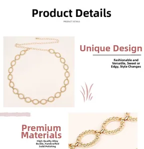 Detail of golden metal chain belt featuring hollow twisted oval rings and adjustable chain