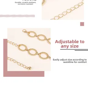 Adjustable golden metal waist chain featuring textured hollow links and lobster clasp