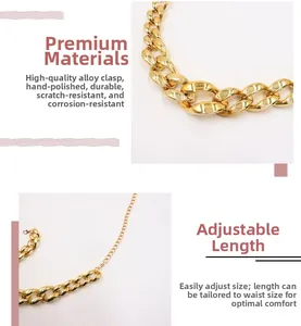 Detail of adjustable chunky gold waist chain featuring a durable alloy lobster clasp