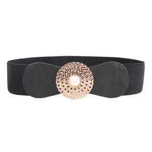 Ceinture large élastique noire pour femme avec boucle dorée ajourée et perle élégante