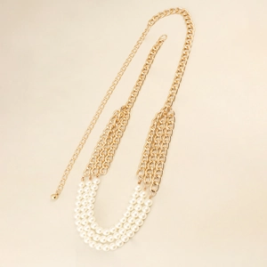 Elegant three-layer pearl and golden chain waist belt for women's dresses