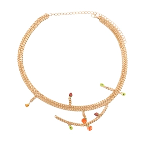 Ceinture chaîne dorée à double rangée avec breloques de fruits en émail pour robes