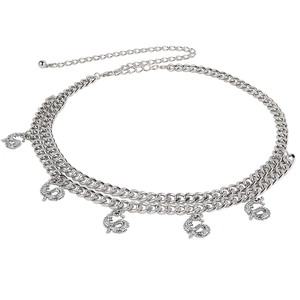 Double-layered silver waist chain belt featuring five crystal-embellished dragon pendants