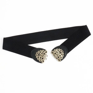 Vintage elastic waist belt for women with antique bronze hollow floral metal buckle