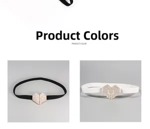 Détail des boucles en strass en forme de cœur sur ceintures élastiques noir et blanc