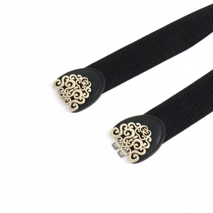 Vintage elastic waist belt for women with retro gold hollow floral buckle on black band