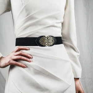 Women Vintage Elastic Waist Belt Retro Gold Engraved Filigree Buckle PU Leather Black Cinch Belt Palace Style Dress Accessory
