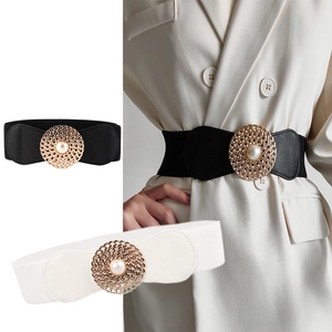 Ceinture Corset Large Élégante pour Femme Bande de Taille Haute Élastique Boucle en Métal Ronde Dorée Creuse Avec Fausse Künstliche Perle Décorative Pour Robe Costume