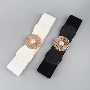 Ceintures larges élastiques élégantes en noir et blanc avec boucles dorées et perles