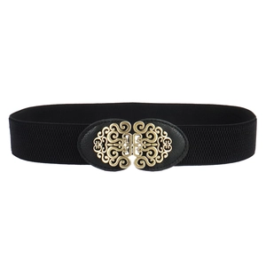 Vintage retro elastic waist belt with ornate golden filigree buckle for women's dresses