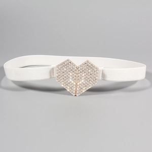 Ceinture élastique blanche pour femmes avec boucle en strass étincelante en forme de cœur