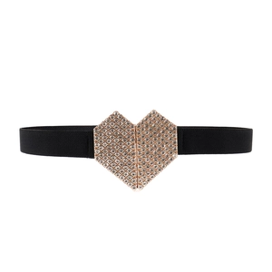 Ceinture élastique noire pour femme avec boucle en cœur ornée de strass brillants