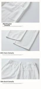 Detailed views of white pants featuring elastic waist, side pockets, and straight hem stitching