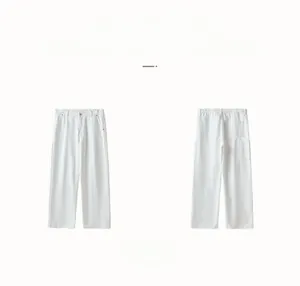 Flat lay detail showing front and back views of white straight-leg casual denim trousers