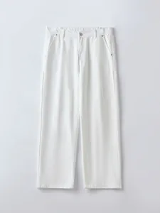 Men Loose Straight White Jeans Lyocell Cotton Blend Washed Denim Pants Minimalist Casual Solid Color Straight Leg Trousers