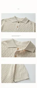 Detailed macro view of beige knitted cotton polo shirt with hollow honeycomb texture