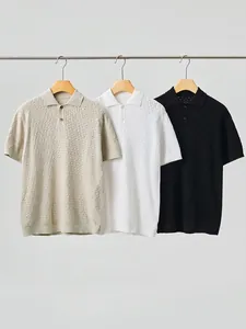 Men's Casual Knitted Cotton Polo Shirt Short Sleeve Hollow Out Textured Top Basic Solid Color Summer Polo Shirt