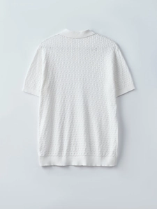 Men's white cotton cable knit polo shirt with short sleeves and breathable texture