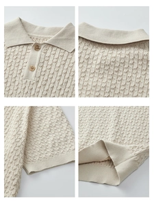 Men's cotton cable knit polo shirt in beige featuring ribbed cuffs and collar details