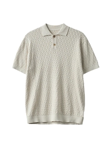 Men's cream cotton knit polo shirt with intricate hollow-out jacquard texture design