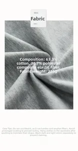 Detail of 225g grey cotton blend fabric showing soft texture and composition specs