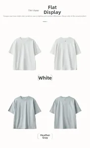 Detail view of round neck T-shirt stitching and neckline in white and heather grey
