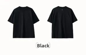 Front and back view of a black crewneck T-shirt with a white infinity logo on the back neck