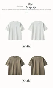 Flat lay display of white and khaki crew neck cotton t-shirts with rectangular back labels