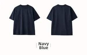 Flat lay of navy blue round neck t-shirt showing front, back, and detailed nape decoration