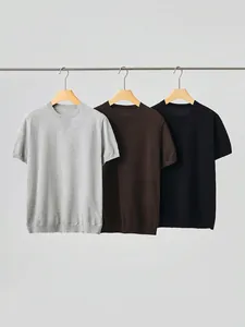 T-shirt en Tricot à Manches Courtes pour Hommes Coupe Slim Mélange de Coton Col Rond Haut Pullover Basique pour l'Été