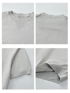 T-shirt en tricot gris clair pour homme, coupe ajustée avec col rond et finitions côtelées