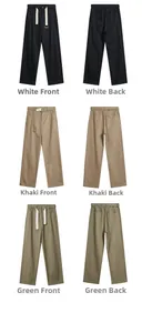 Detailoverzicht van de casual rechte broek in zwart, khaki en olijfgroene kleurversies