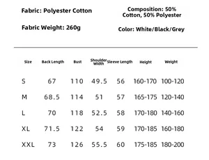 Size chart for crewneck long sleeve t-shirt showing weight and fabric measurements