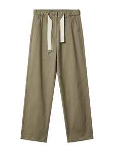 Legergroene wijde broek met geweven riem en hoge taille in katoenen twill materiaal
